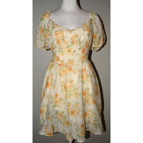 Blu Pepper Women’s Dress L Yellow Floral Puff Sleeve Tie Back Boho Cottage NWT - Picture 1 of 4